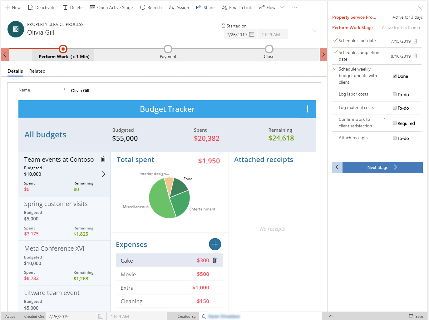 Immersive business process flow with side pane