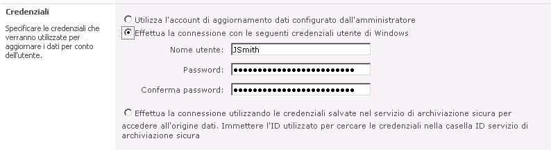 Sezione relativa alle credenziali della pagina di configurazione dell'aggiornamento dati