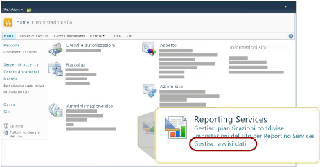 Sezione Reporting Services della pagina Impostazioni sito