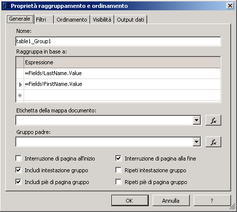 Scheda Generale, pagina Proprietà raggruppamento e ordinamento