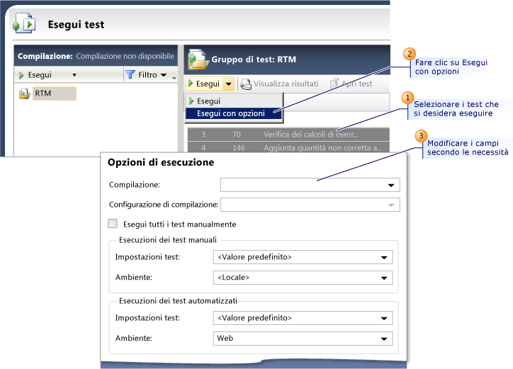 Override delle impostazioni del piano di test per le esecuzioni dei test