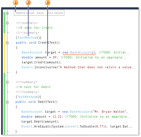 Sezione inferiore di un file di unit test di esempio