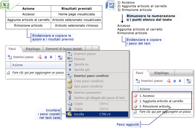 Aggiungere passi di test da Microsoft Excel o Word