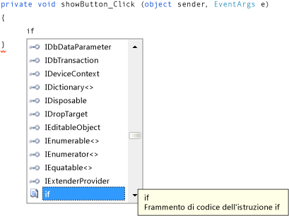 IntelliSense con codice Visual C#