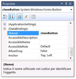 Finestra Proprietà con il nome closeButton