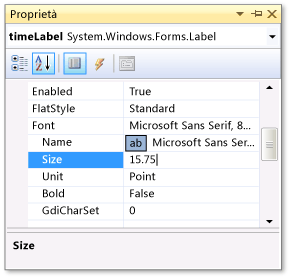 Finestra Proprietà con la dimensione del carattere