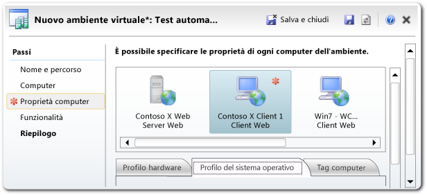 Creazione guidata dell'ambiente di Lab Management - pagina delle proprietà dei computer