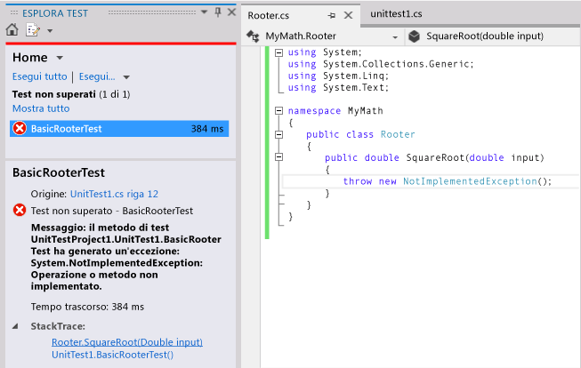 Esplora unit test con test non superato.