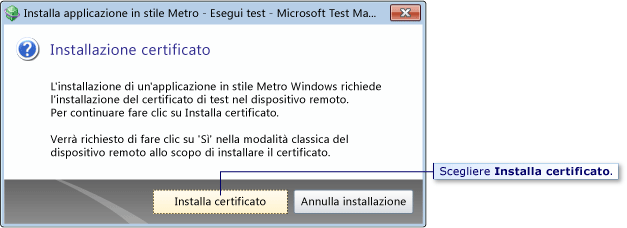 Finestra di dialogo Certificato di test