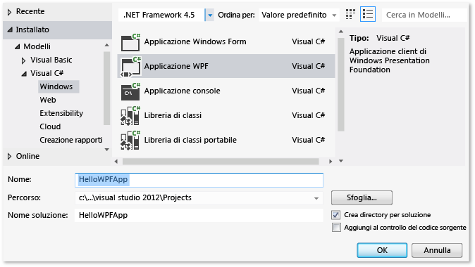 Creare un progetto WPF in Visual C# denominato HelloWPFApp