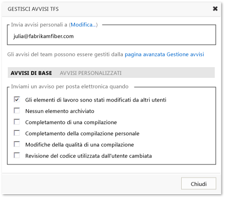 Gestire avvisi di TFS
