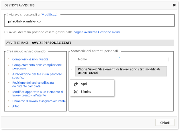 Gestire singoli avvisi personalizzati di TFS