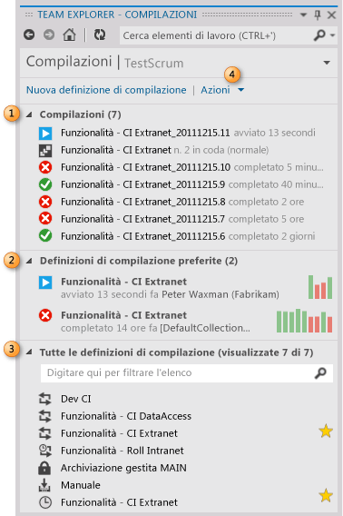 Pagina delle compilazioni di Team Explorer