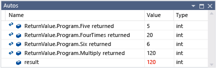 Method return values in the Autos window