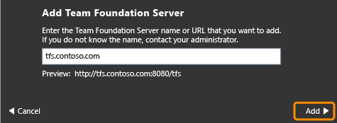 Enter the name of a Team Foundation server.