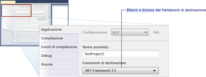 Elenco a discesa dei framework di destinazione