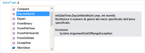 IntelliSense per DateTime.DaysInMonth