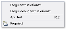 Esplora unit test - menu di scelta rapida unit test