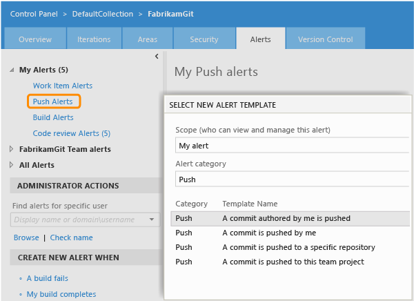 Alerts web portal page in Git team project