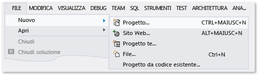Nella barra dei menu scegliere File, Nuovo, Progetto