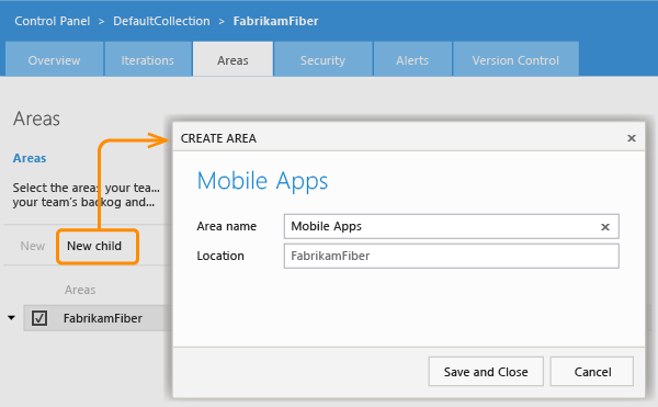 New child link on Areas page, Create Area dialog.