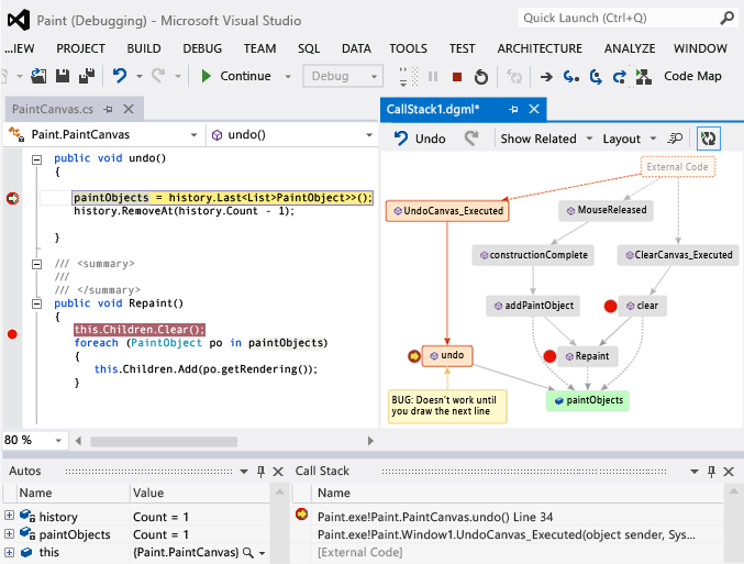 Debugging with call stacks on code maps