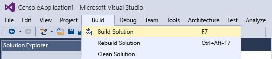 Visual Studio build project menu selection