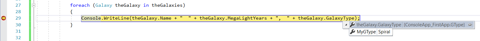 Screenshot of the Visual Studio Debugger with a line of code in yellow and a menu expanded below the theGalaxy.GalaxyType property at the end of the line.