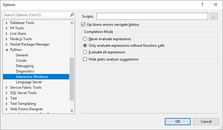 Python interactive window options