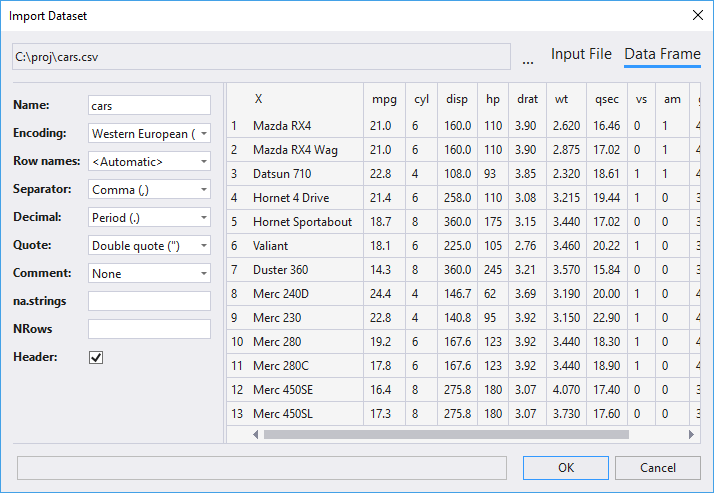 Import dataset dialog