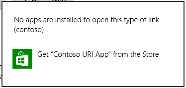 Finestra di dialogo Apri con per l'avvio di un URI contoso. Poiché per contoso non è installato un gestore nel computer, la finestra di dialogo contiene un'opzione con l'icona di Windows Store e un testo che conduce l'utente al gestore corretto nello Store. La finestra di dialogo contiene anche un link Altre opzioni.