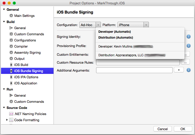 Select the Signing Identity and Distribution Profile