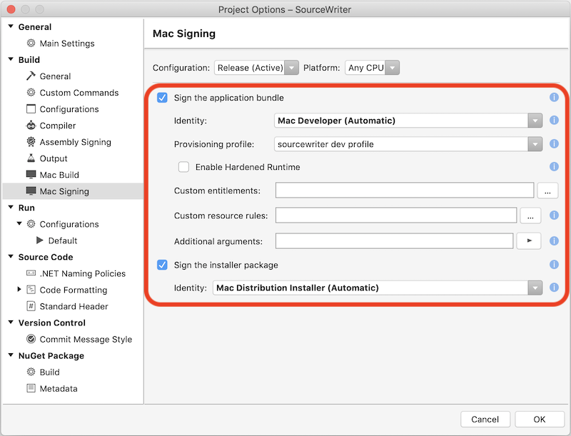 Editing the code signing options