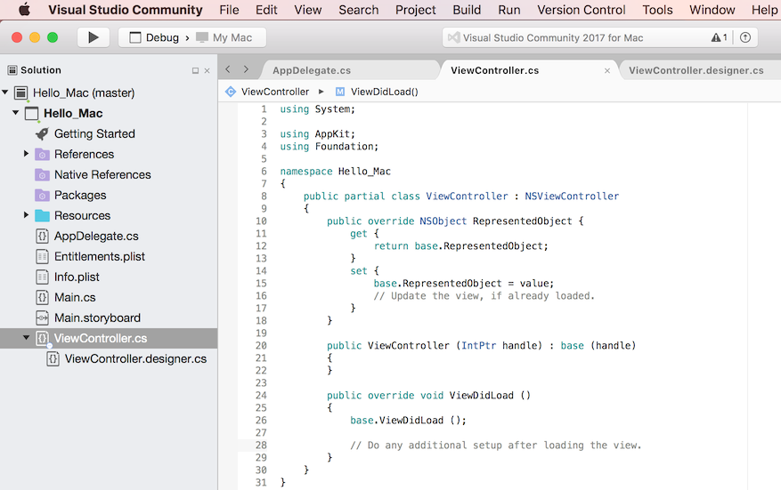 Visualizzazione del file ViewController.cs in Visual Studio per Mac