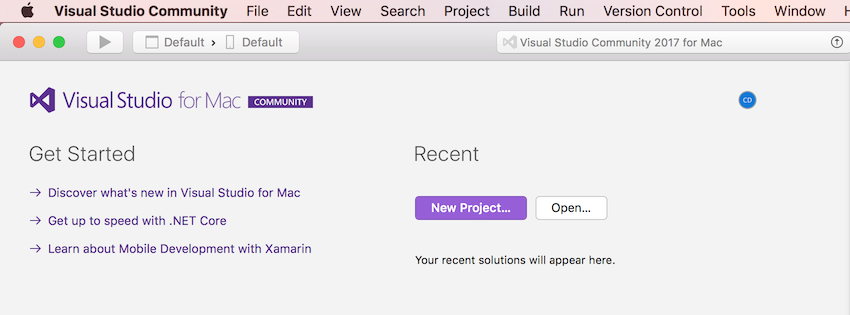 Interfaccia principale di Visual Studio per Mac