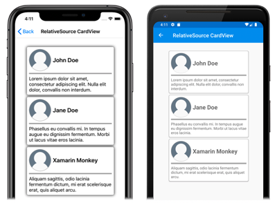 Screenshot degli oggetti CardView basati su modelli, in iOS e Android