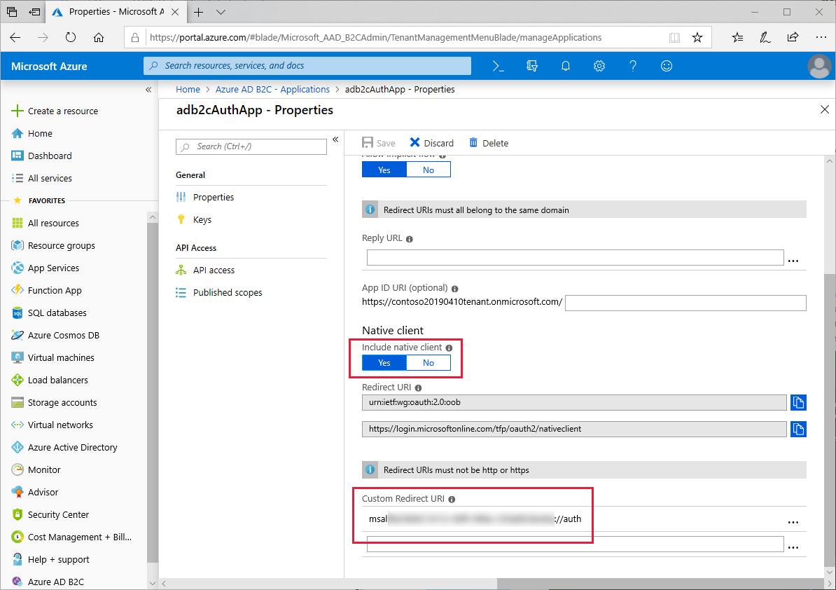 URI di reindirizzamento personalizzato nella visualizzazione delle proprietà dell'applicazione Azure