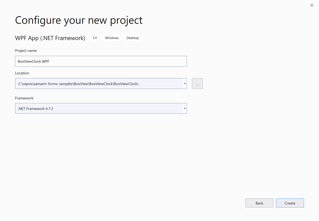 Screenshot che mostra la finestra di dialogo Configura nuovo progetto con valori per Nome progetto, Percorso e Framework.