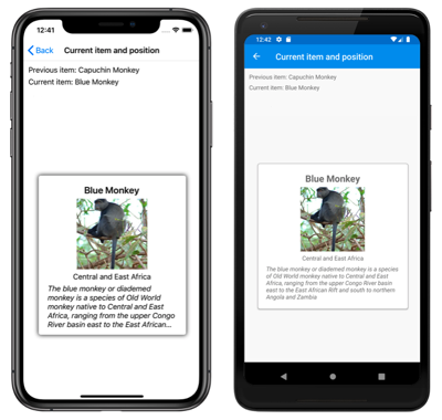 Screenshot di un controllo CarouselView con elementi precedenti e correnti in iOS e Android