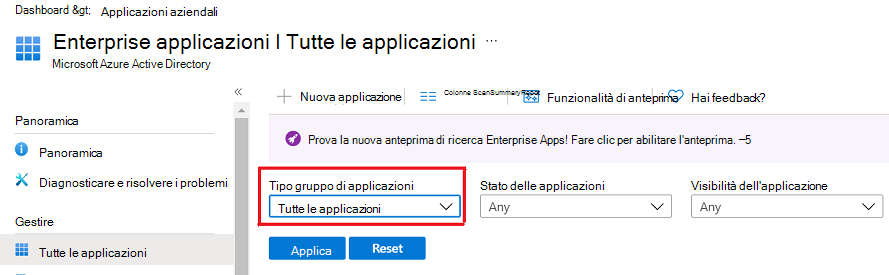 Schermata in cui viene scelto il valore Tutte le applicazioni.