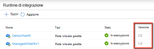 Screenshot che mostra come controllare la versione del runtime di integrazione della rete virtuale gestita