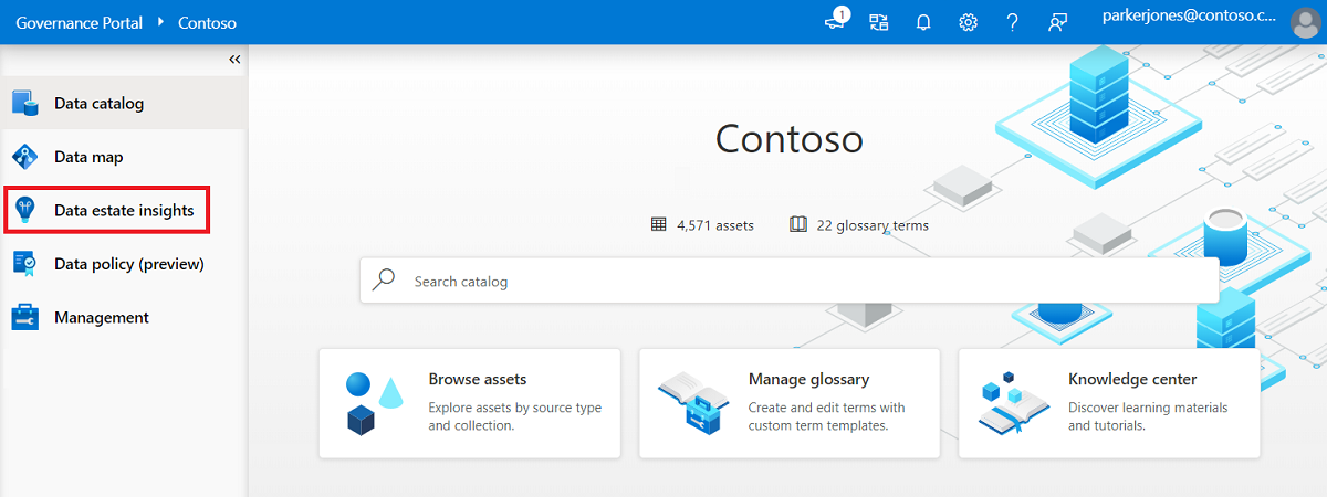 Screenshot del portale di governance di Microsoft Purview con il pulsante Data Estate Insights evidenziato nel menu a sinistra.