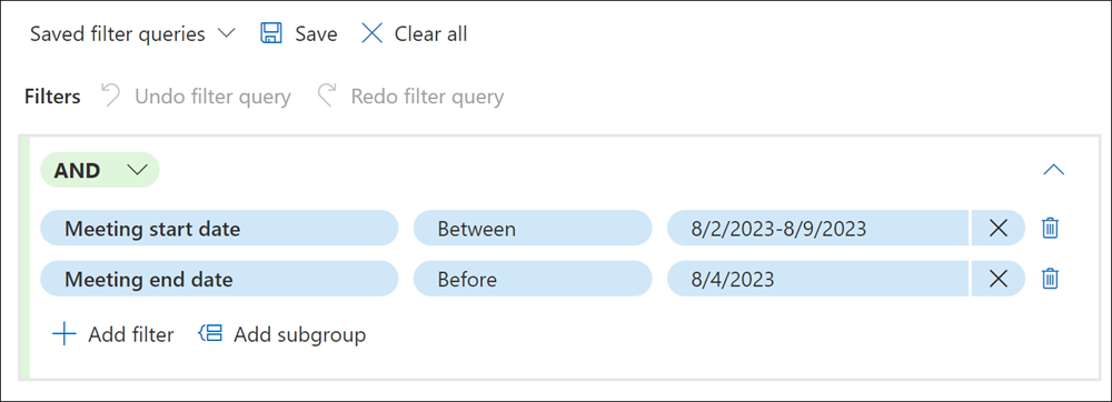 Esempio di filtro avanzato in base alle date delle riunioni di Teams.