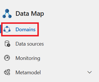 Screenshot del menu Microsoft Purview Data Map soluzione con l'opzione Domini selezionata.