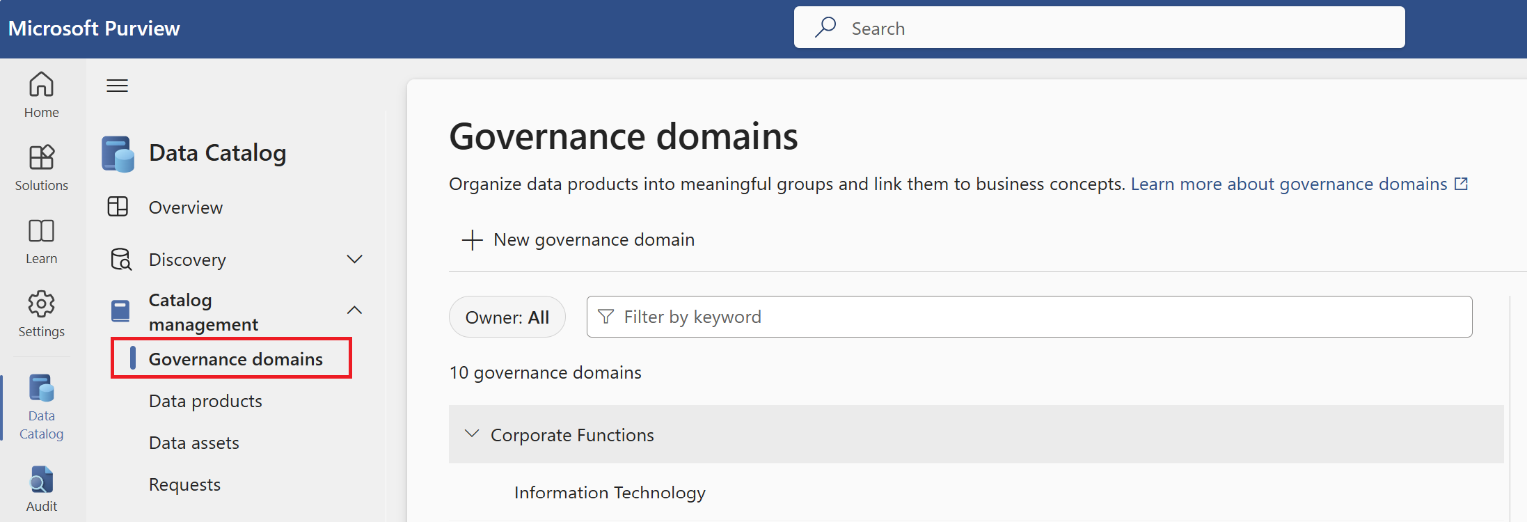 Screenshot della pagina domini di governance nel portale di Microsoft Purview.