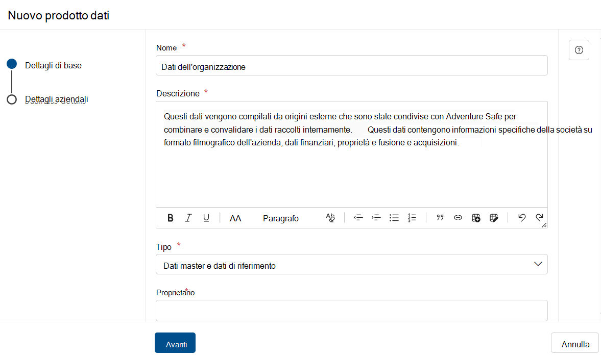 Screenshot della finestra di creazione del nuovo prodotto dati con un nome, una descrizione e un tipo aggiunti.