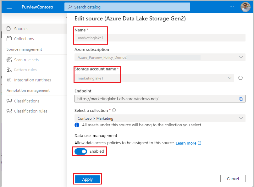 Screenshot che mostra come registrare un'origine dati per i criteri con l'opzione Imposizione dei criteri dati impostata per abilitare