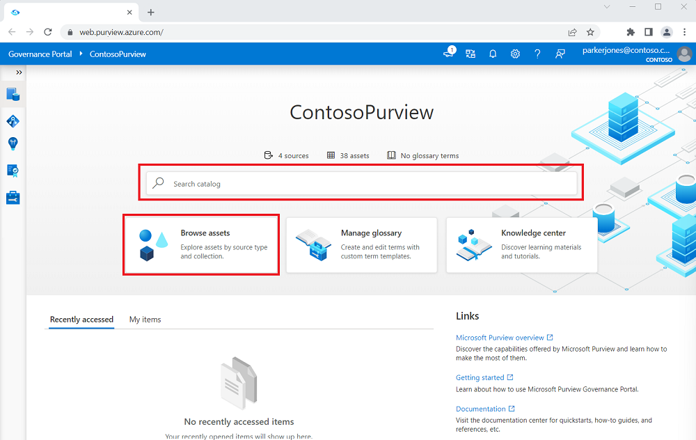 Screenshot del portale di governance di Microsoft Purview, con la barra di ricerca e i pulsanti di esplorazione evidenziati.