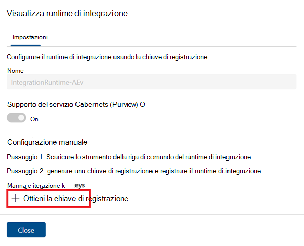 Screenshot della pagina di runtime di integrazione della visualizzazione con il pulsante Ottieni chiave di registrazione evidenziato.