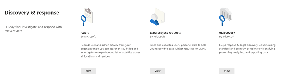 Sezione Individuazione e risposta del catalogo soluzioni Microsoft Purview.